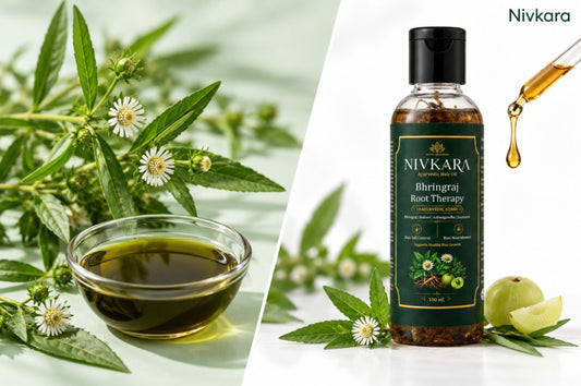 Bhringraj leaves and oil next to a bottle of Nivkara hair oil