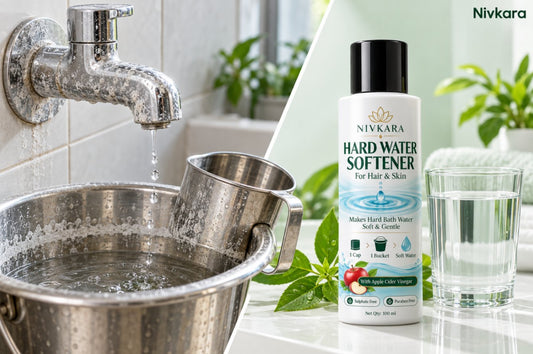 Hard water limescale on a tap and bucket next to Nivkara Hard Water Softener