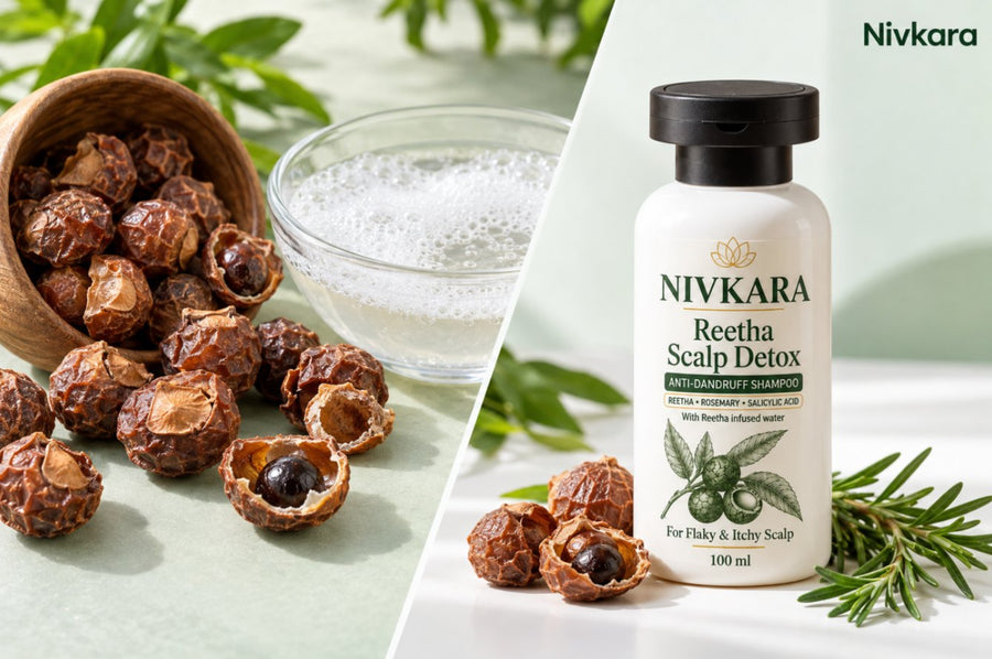 Dried reetha soapnuts and natural foam next to Nivkara Reetha Scalp Detox Shampoo