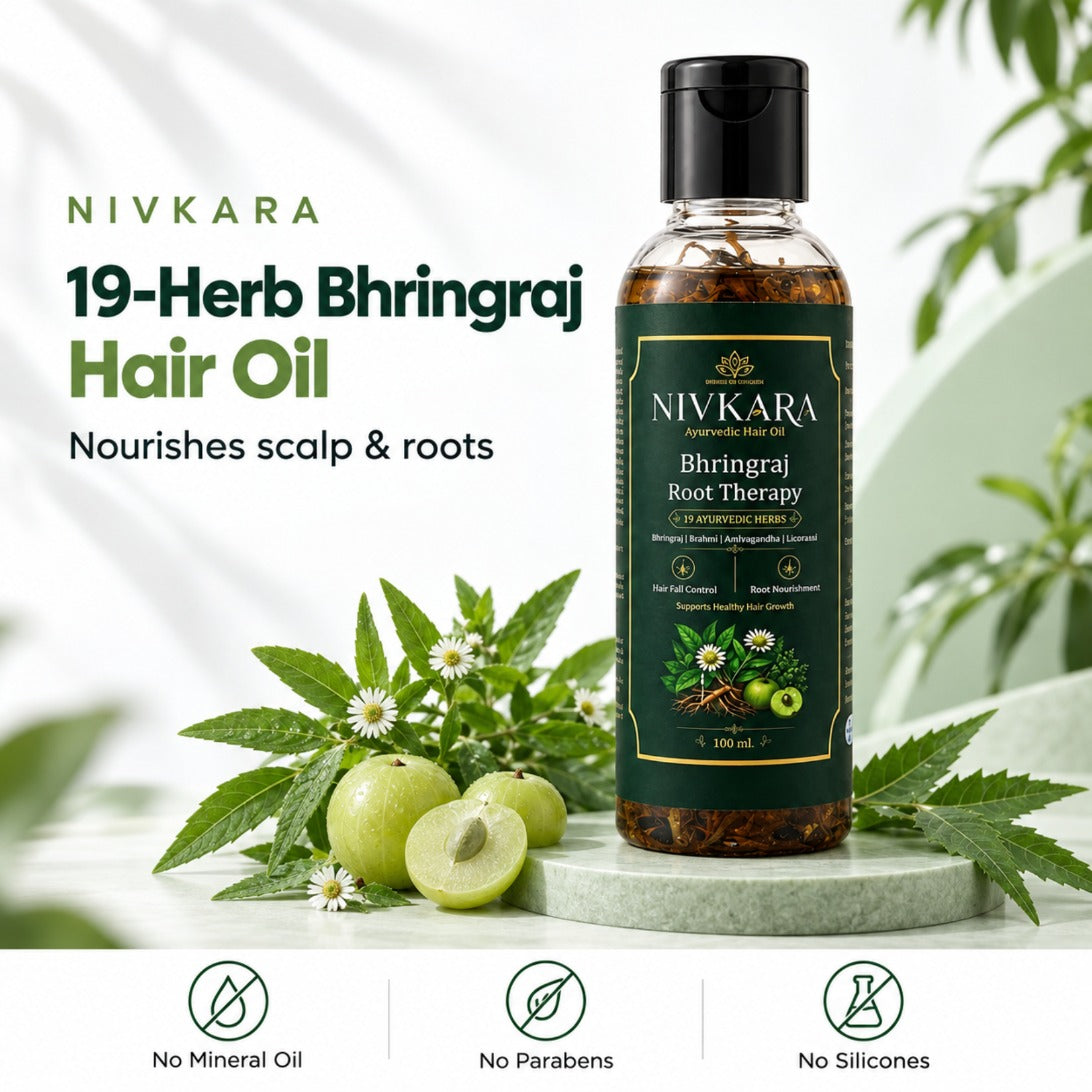 Nivkara 19-Herb Bhringraj Hair Oil bottle with amla and neem